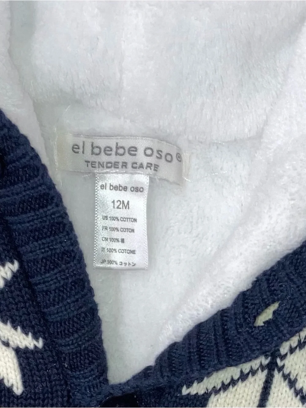 El Baby Oso Baby Hooded Puffer Knit Romper - Navy with Cream & Brown Moose